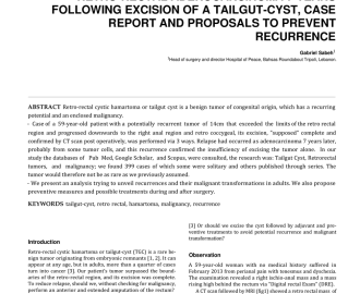 Surgery Case Report: Adénocarcinome retro-rectal 7 ans post excision d’un tailgut-cyst, rapport d’un cas et propositions pour prévenir la récidive.