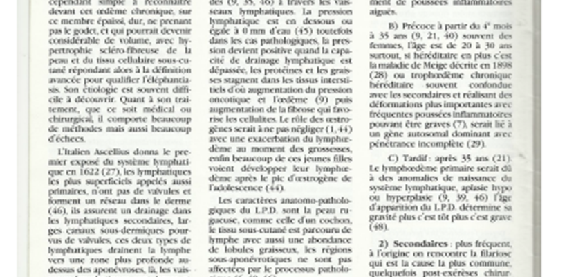 Lymphoedema of the legs Review of the litterature